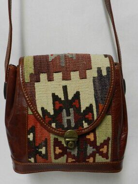 Vintage Tapestery Southwest Blanket Leather shoulder bag purse crossbody adjust